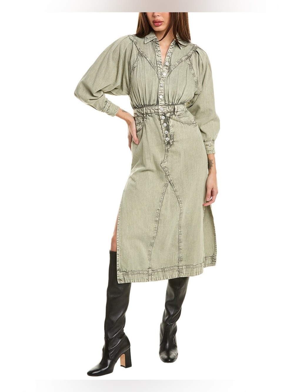 Free People Mad Love Washed Denim Olive Button-Front Midi Shirt Dress L XL